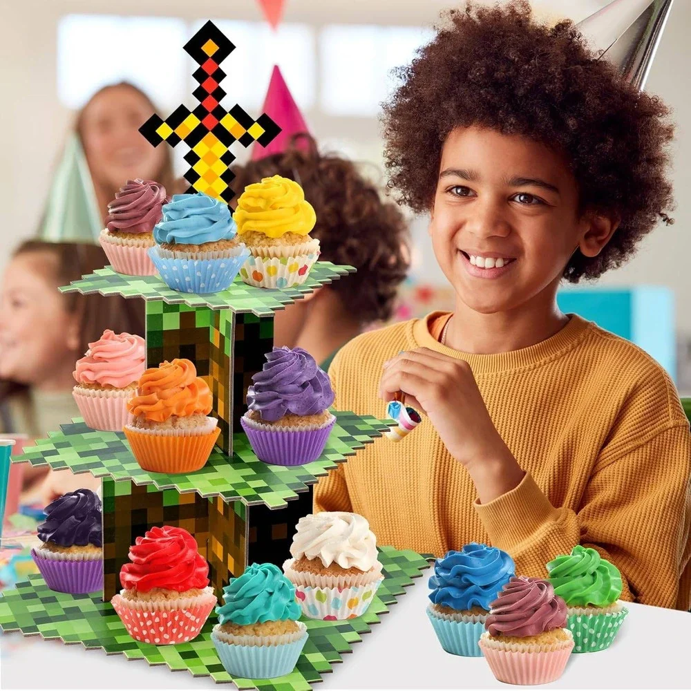 Minecraft Style Pixelated 3 Tier Cupcake Stand Gaming Party Dessert Tower NEW‎